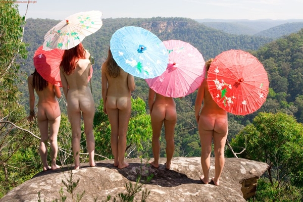 five naked girls with coloured umbrellas; Ass Outdoor Natural Stylish 