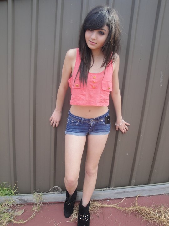 Pink top, jean shorts; Amateur Teen 