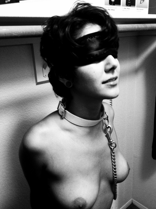 ...; Amateur Babe BDSM Blindfold Collar Leash Submissive Topless 